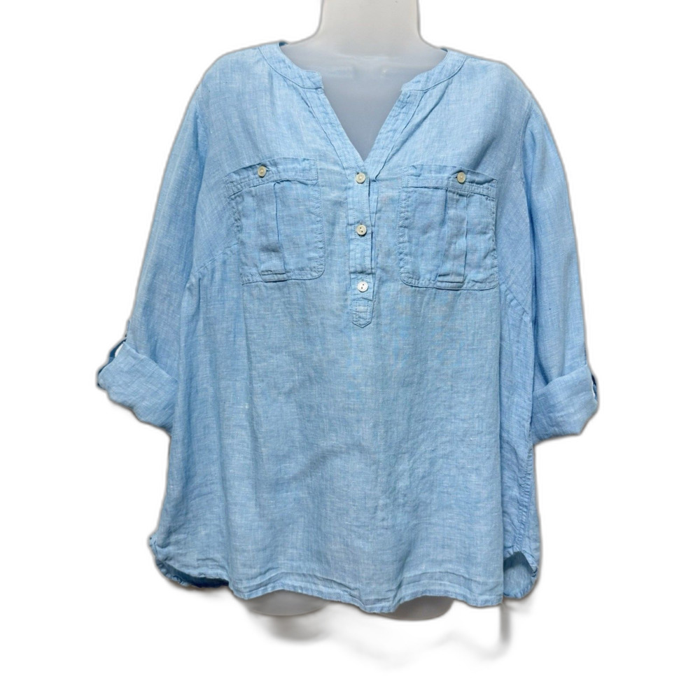 Talbots 1XP Petite Plus 100% Linen Blue Roll Tab Popover Top Blouse Lagenlook